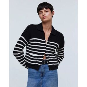 Madewell Ribbed Polo Cardigan Sweater True Black Stripe Chunky Knit